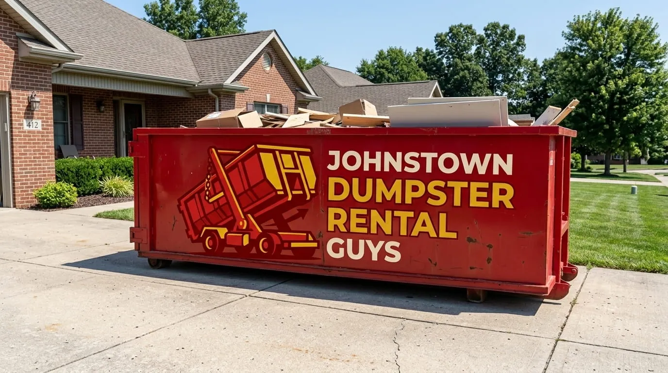 Roll-off container loaded with lumber and building debris in Johnstown, Pennsylvania