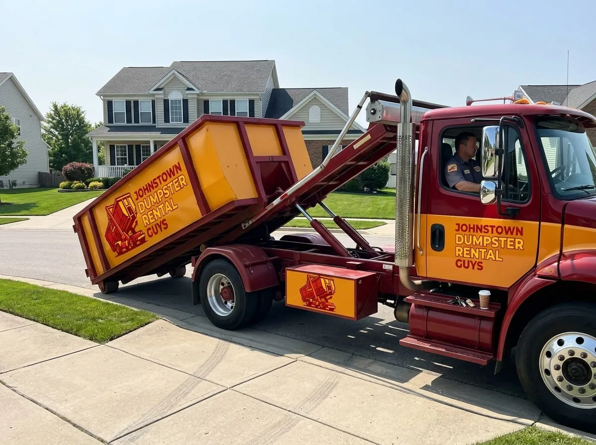 Roll-off truck setting a container down carefully on a residential driveway