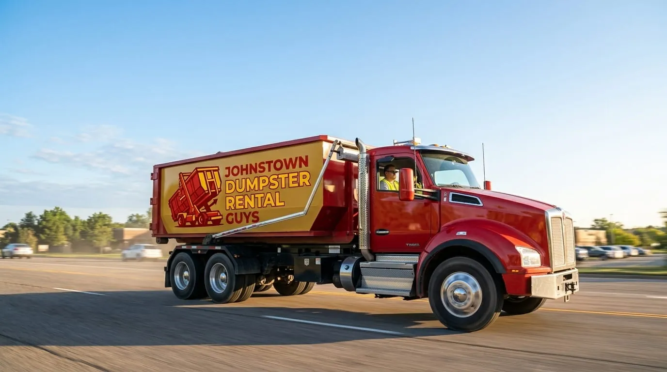 Johnstown Dumpster Rental Guys truck hauling a loaded roll-off container