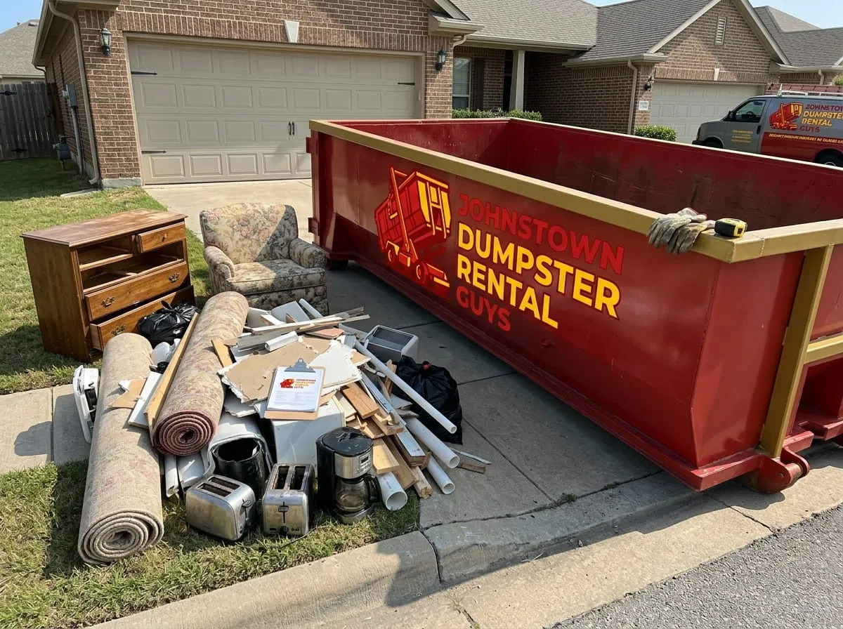 Roll-off container with household contents alongside during a cleanout in Johnstown, Pennsylvania