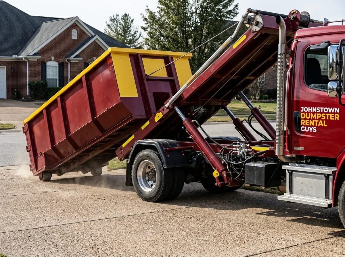Roll-off truck tipping a container into place on a driveway in Johnstown, Pennsylvania