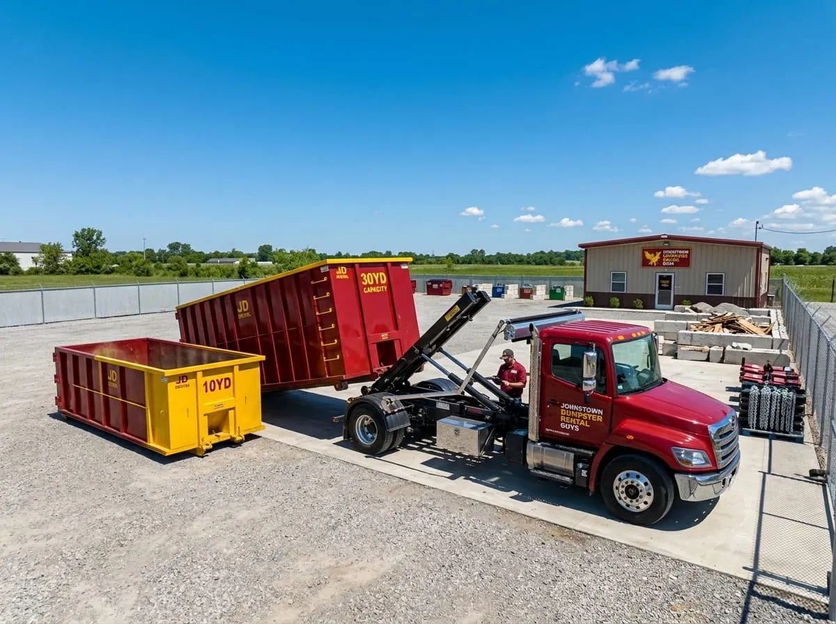 Roll-off truck loading a container at the yard in Johnstown, Pennsylvania