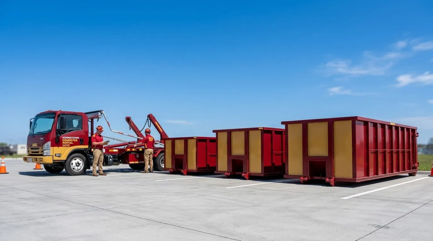 Roll-off containers and truck ready for delivery at the Johnstown yard